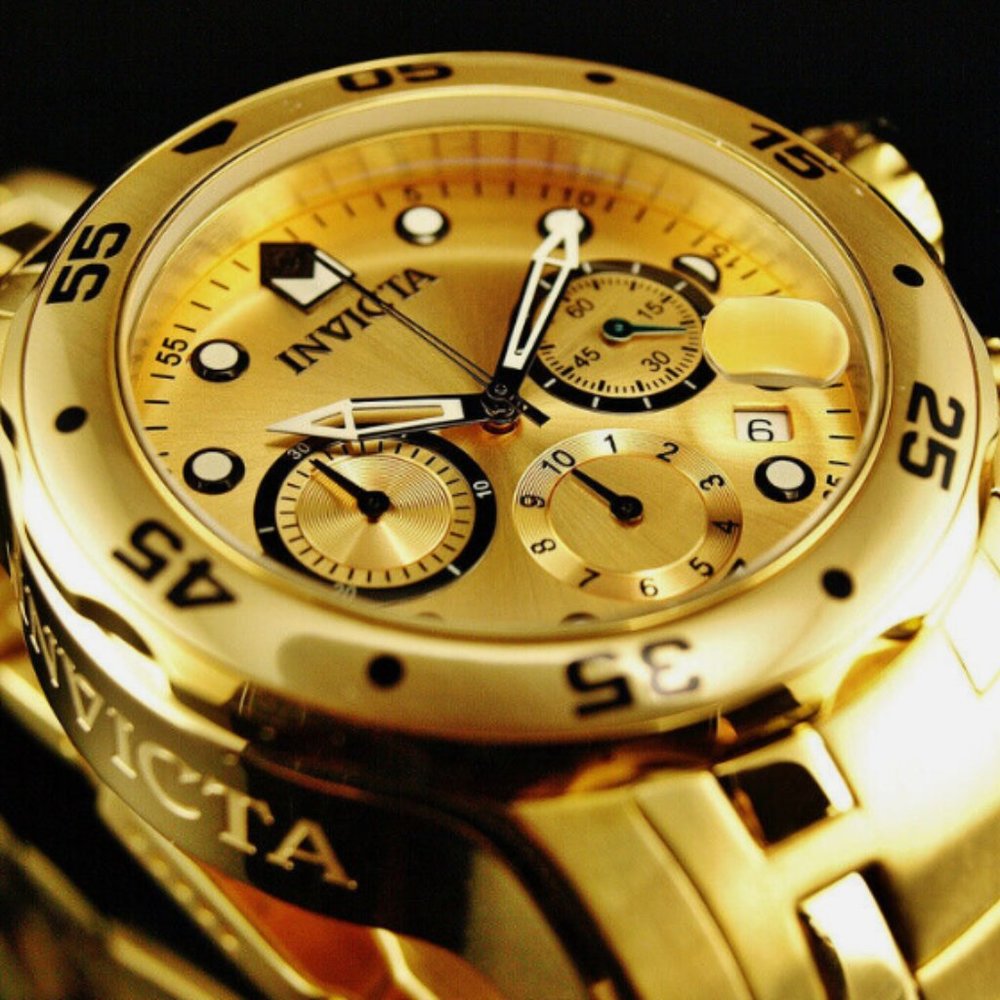 Invicta PRO DIVER SCUBA Cheonograph Men's Watch, Gold Dial, 18K Gold Plated